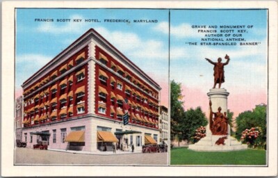FREDERICK, Maryland Linen Postcard FRANCIS SCOTT KEY HOTEL / Statue Monument