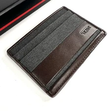 TUMI Alpha SLG Slim Card Case Anthracite and Brown Leather Trim W/ ID Window