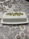 PYREX VINTAGE SPRING BLOSSOM GREEN MILK GLASS BUTTER DISH WITH LID PREOWNED VGUC