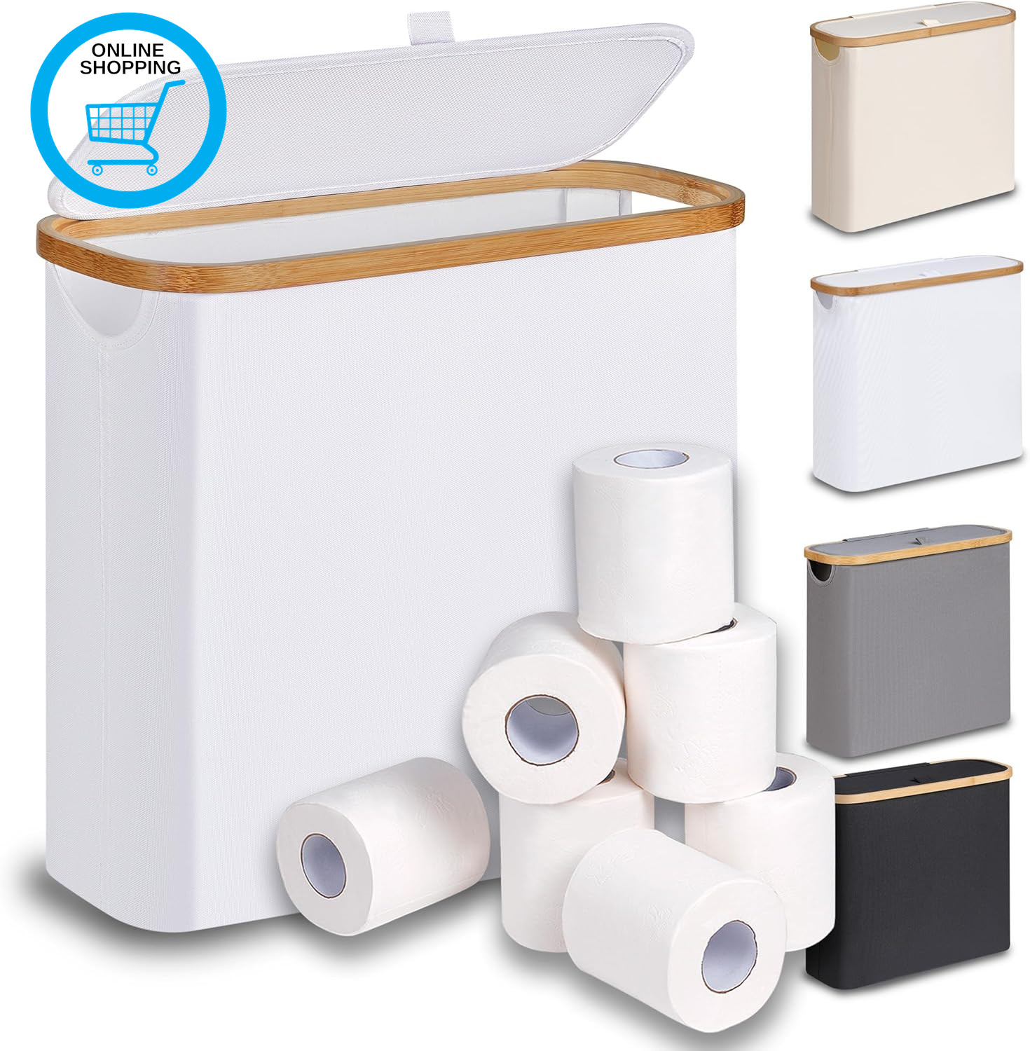 30L Toilet Roll Storage with Lid, Toilet Paper Basket, Bamboo Multifunctional St