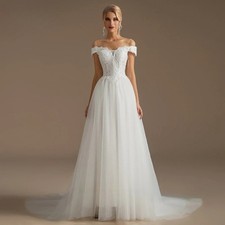 White Romantic Floral Applique Wedding Dress Embroidered Off Shoulder Bride Gown