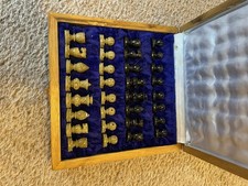Vintage Travel Chess Set Complete In Hinged Wooden Box with Inlay Design 6 Inch
