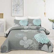Green Floral Size Quilt Set - 3 Pieces Boho Flower Quilt Coverlet Queen Gray