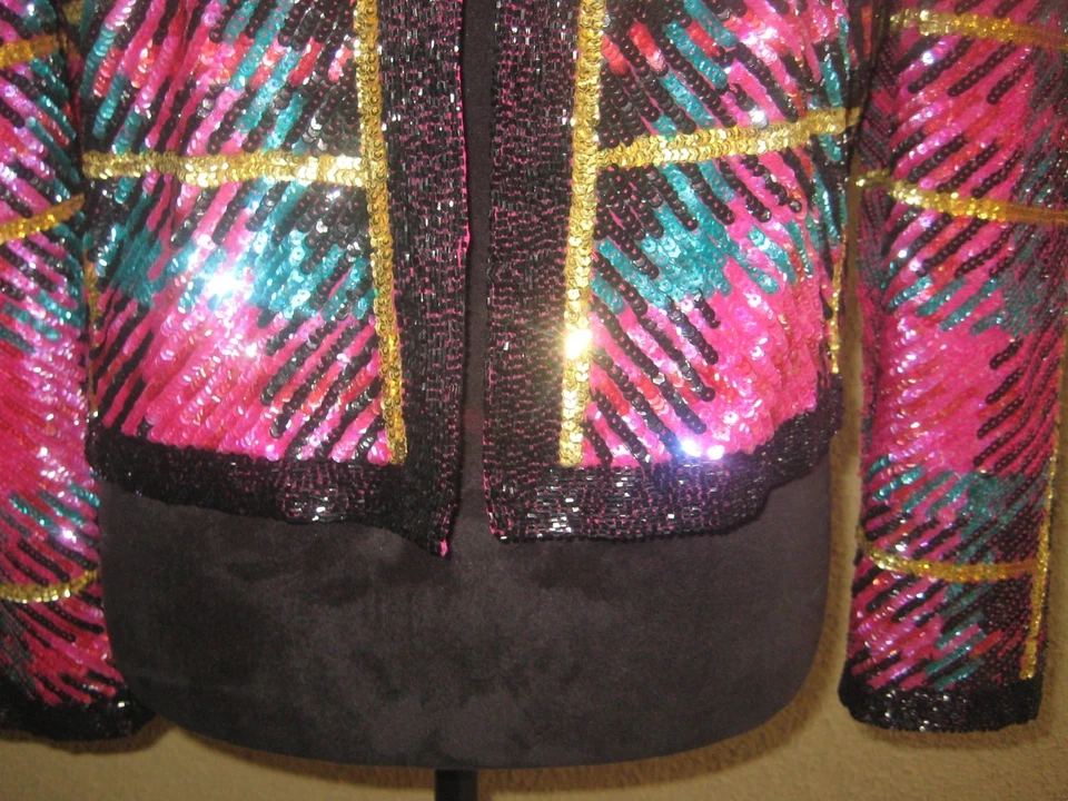 Chaqueta de noche vintage Niteline Della Roufogali seda multicolor forrada con lentejuelas M Foto 3 de 4