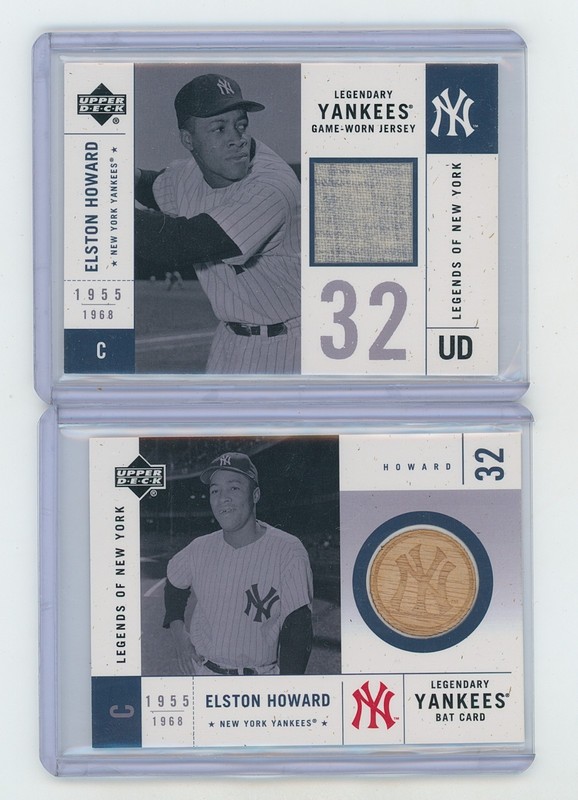 2001 Upper Deck Legends of NY Elston Howard Game Used Jersey & Bat 2 Card Lot