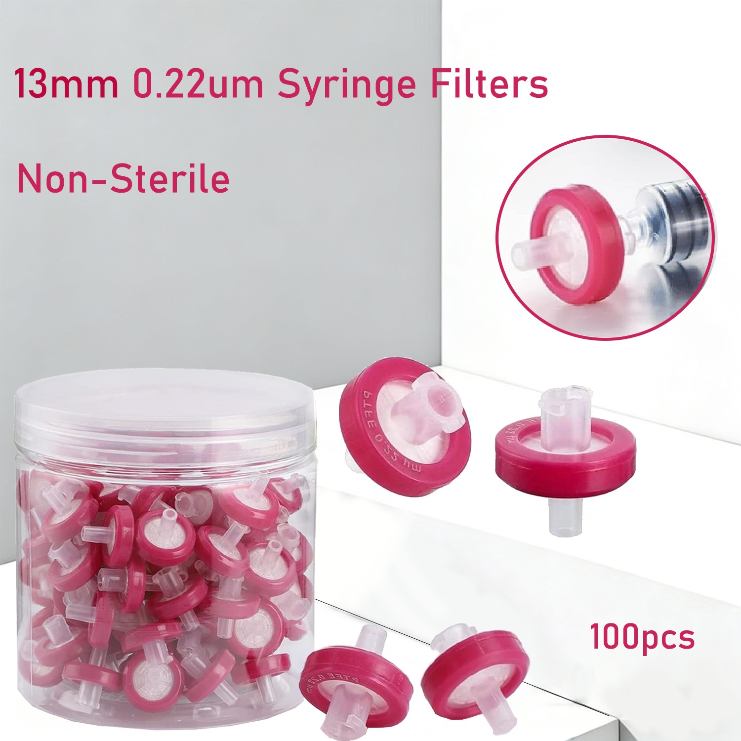 100pcs Lab PTFE Syringe Filter 0.22μm 13mm PP Prefilter Hydrophobic Non Sterile