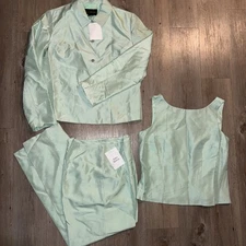 Harris Wallace Size 10 100% Silk 3 Piece Pant Suit Jacket Tank Top Mint Green