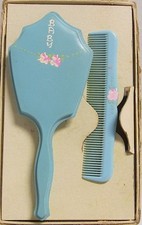 1940's or 50's Blue Hand Painted Baby Brush  Comb-Boxed Gift Set