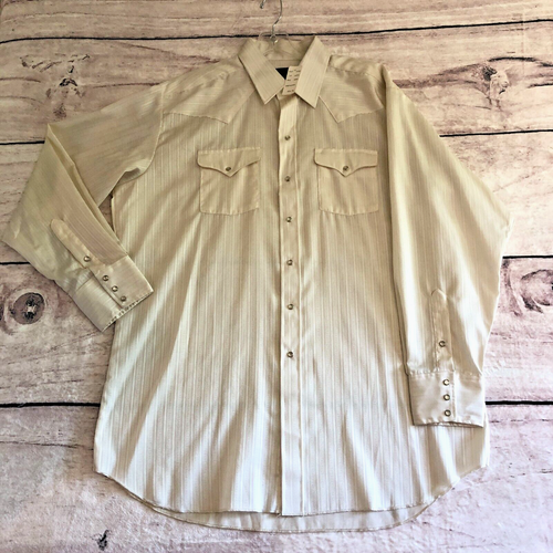 Vtg Panhandle Slim Shirt Mens 18 36 Ivory Striped Western Pearl Snap Button USA