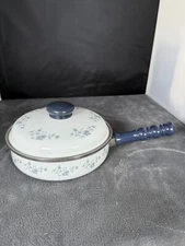 Crowning Touch Porcelain Enamel Cookware Pan Blue Garland Pattern MCM Vintage