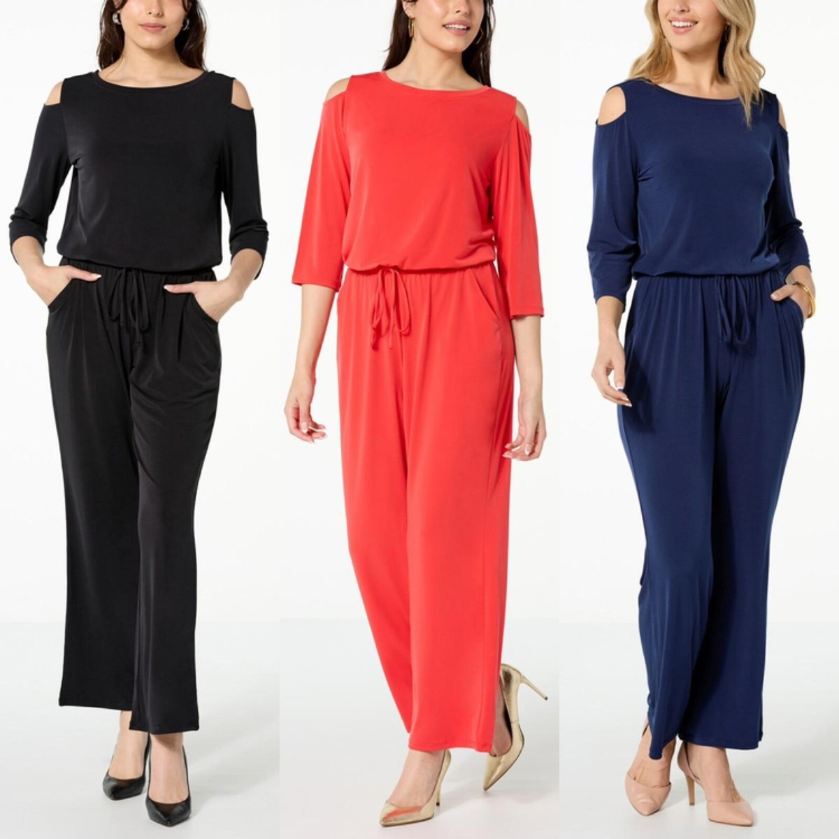 IMAN Global Chic Knit Jumpsuit with Drawstring Waist Cold-Shoulder Slash Pockets | eBay IMAN Global Chic Knit Jumpsuit with Drawstring Waist Cold-Shoulder Slash Pockets | eBay