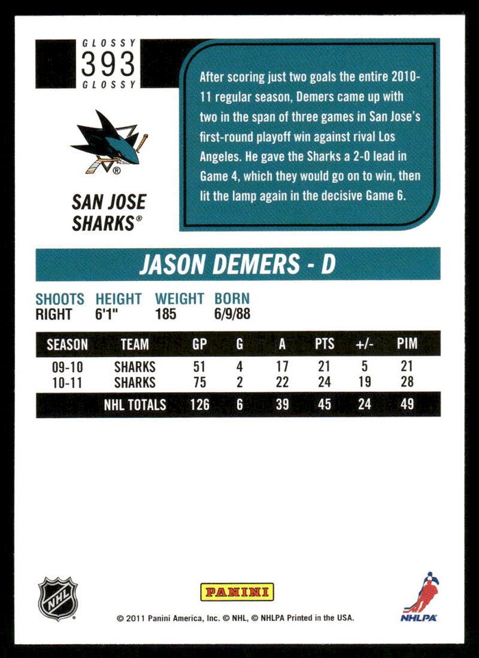 201112 Score Glossy Jason Demers 393 San Jose Sharks eBay