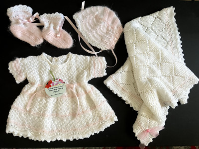New Hand Made 4 Piece Baby Set Blanket,  Booties, Dress,  and Hat