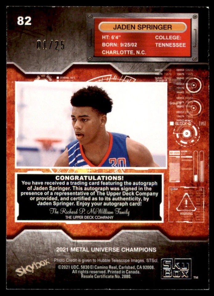 2021-22 Metal Champions Gold Auto #82 Jaden Springer RC Auto 01/25 2021 Upper - Image 2 of 2