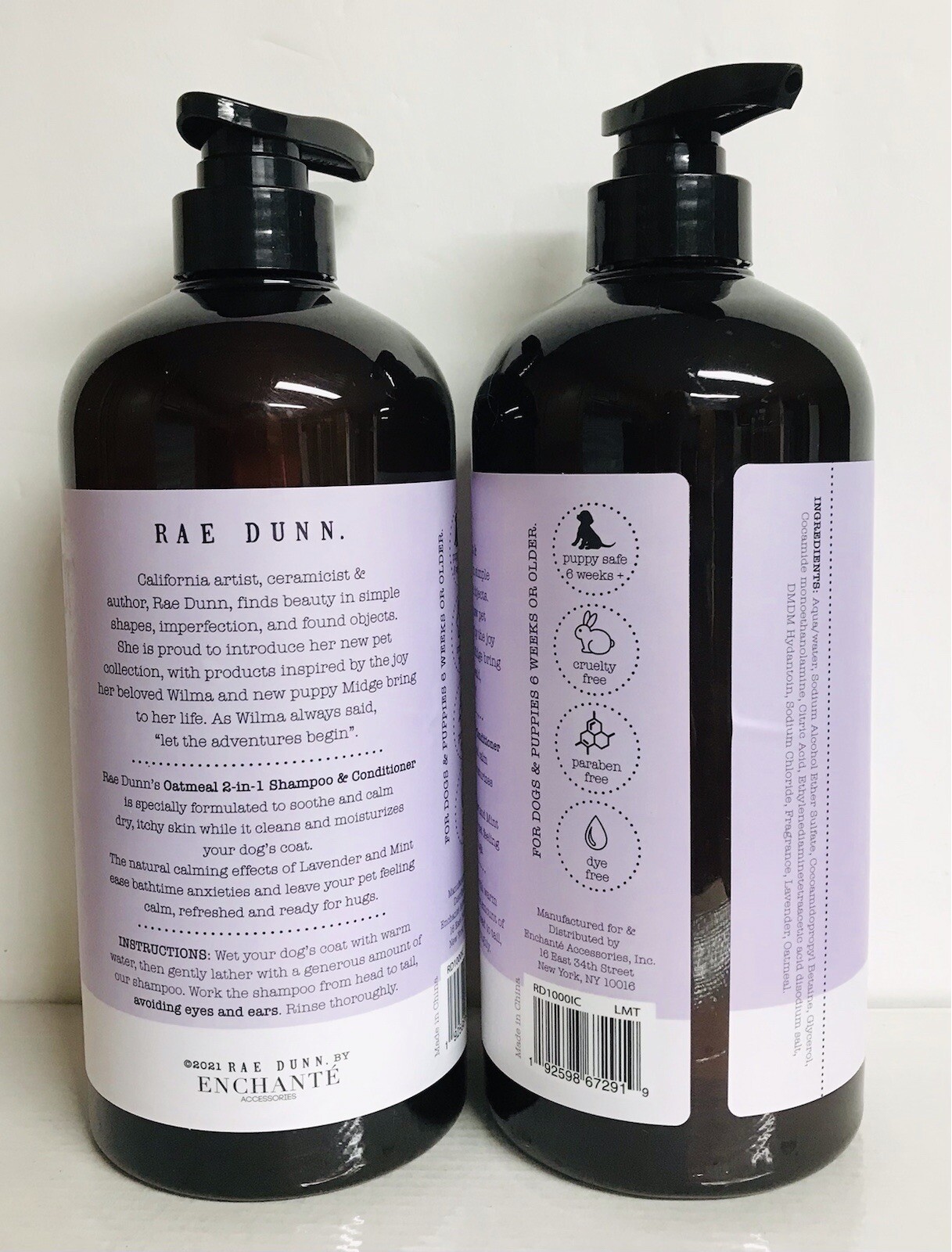 2 Bottles Rae Dunn Lavender Mint Pet Shampoo with Oatmeal 34 fl oz