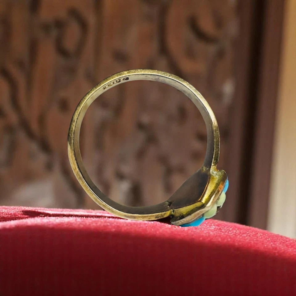 ANTIGUO - Anillo Turquesa y Perla Semilla en Oro 10K -Talla 3.25- Victoriano Occidental 1.8g Foto 4 de 4