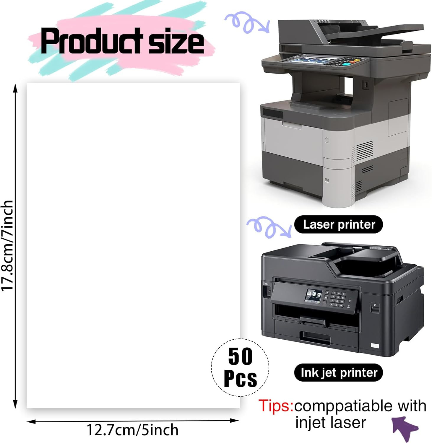 50 Pack 5X7 Thick White Cardstock Paper 80Lb for Printer, Postcards, Invitations