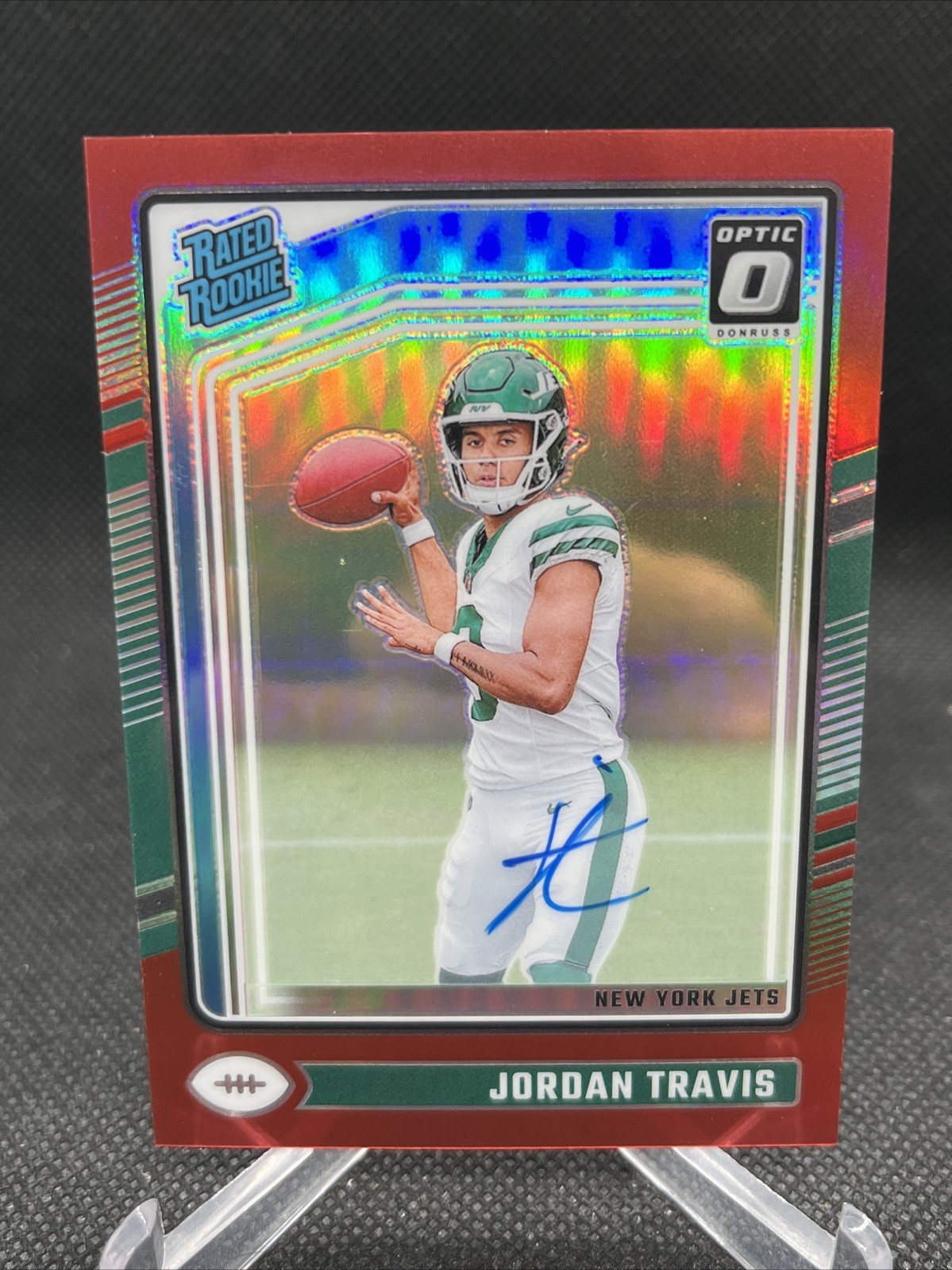 2024 Donruss Optic Jordan Travis Rated Rookie RPS Auto Red /75 Jets