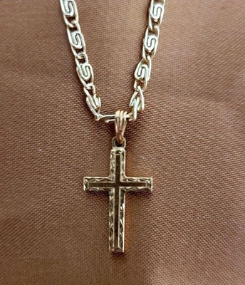 JACCO CROSS 14K PENDANT ON GERMANY MADE GOLD TONE CHAIN * VINTAGE