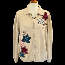 Alfred Dunner Full Zip Cardigan Sz 3X Embroidered Leaves Sequins Beaded Autumn