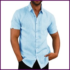 Men s Cotton Linen Short Sleeve Shirt Solid Color Casual Beach Turn Down Collar
