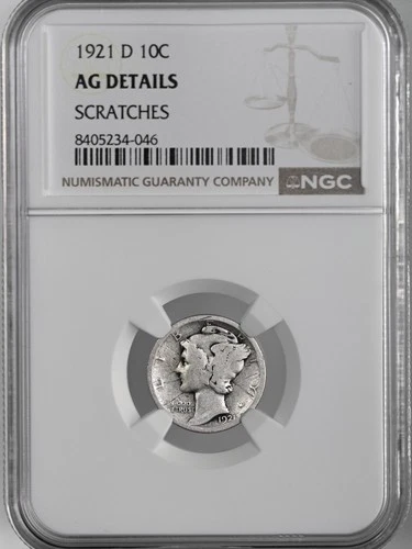 1921-D 10C MERCURY SILVER DIME DENVER  NGC AG DETAILS  "SCRATCHES" #8405234-046
