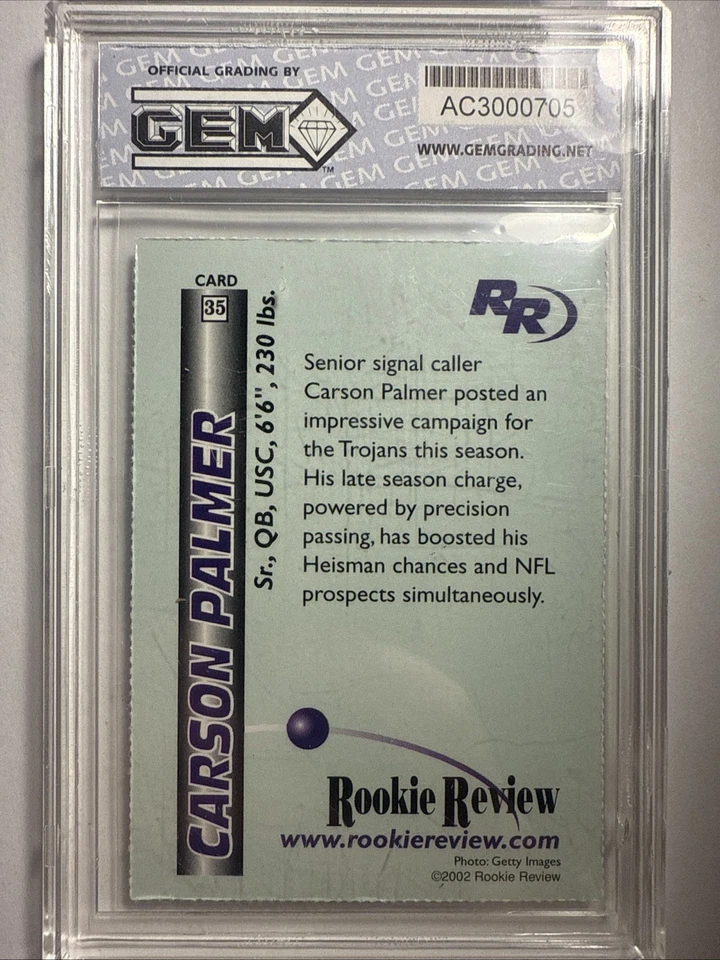 Tarjeta de novato Carson Palmer #35 Rookie Review 2002 graduada gema como nueva 10 Foto 2 de 2