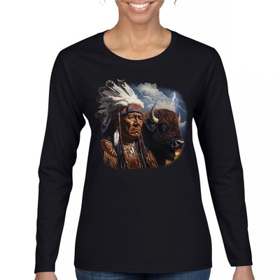 Native American Bison Chief Women's Long Sleeve T-shirt Spiritual Buffalo Totem