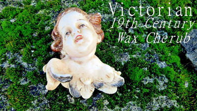 Antiker viktorianischer bemalter Wachs Cherub / Putti / Engelskopf und Flügel aus dem 19. Jahrhundert