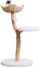 White Modern Cat Tower 43" H, 27 Lbs, Hand-Woven Wicker Basket, 15 Lb Capacity