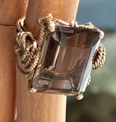 14k Gelbgold natürlicher Rauchtopas großer Smaragdschliff Cocktail Ring Größe 4 Geschenk