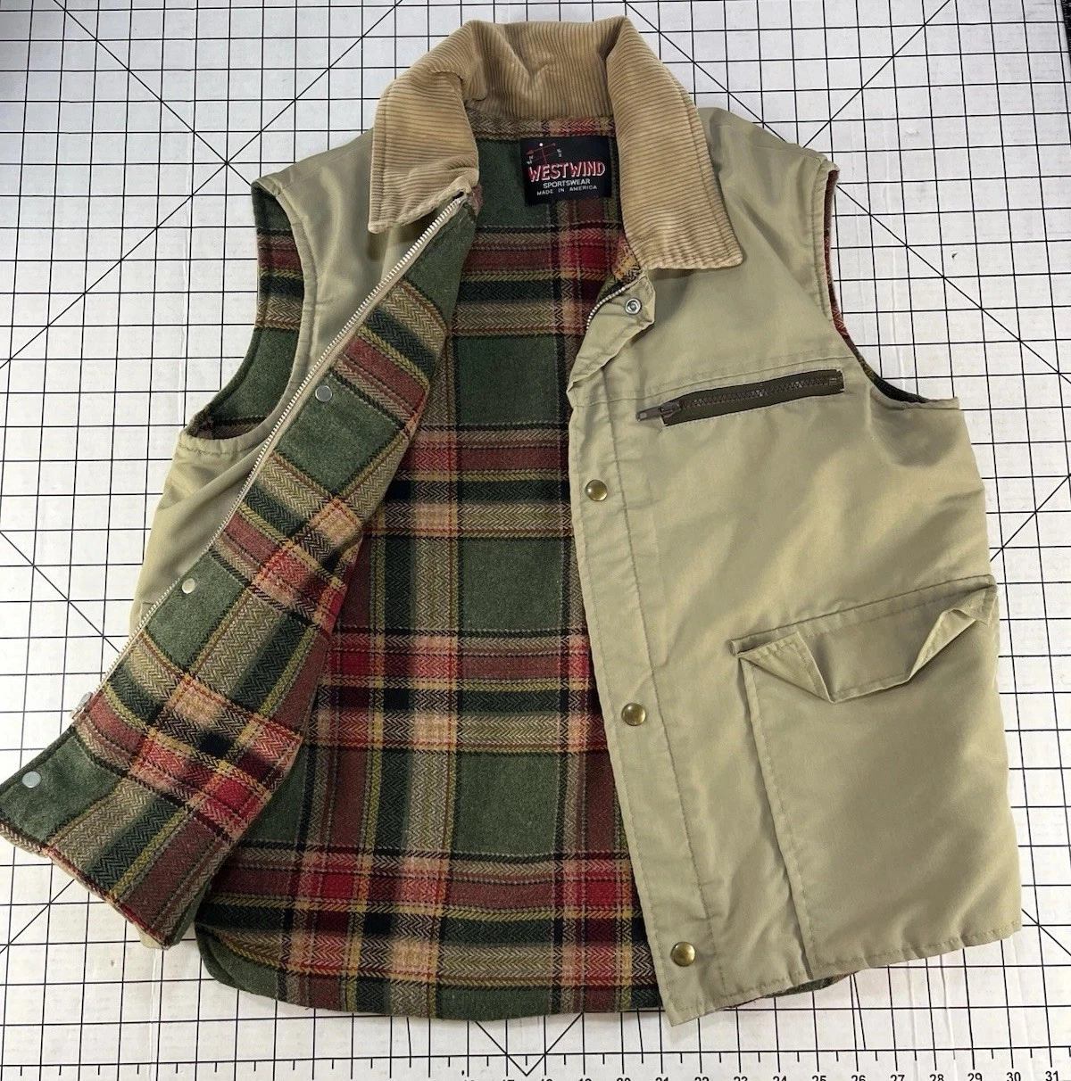 Vtg Westwind Sportswear Vest Made USA Plaid Lined Tan Corduroy Collar Workwear M