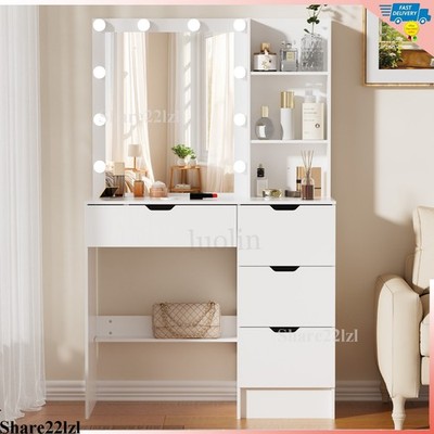 4 Drawers Vanity Desk Set with 10 LED Lighted Mirror for Bedroom Makeup Table