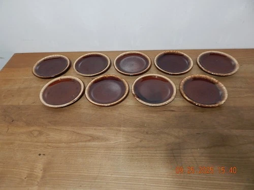 Vintage Hull Set Of 9 Dessert Bread Plates Brown Drip Glaze 7.5 In Diameter