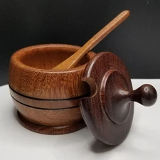 Vintage Teak Wood Salt Cellar MCM Round Barrel Brown w Lid & Paddle 3.5"x3"