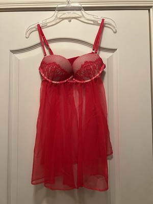 Victoria s Secret Sheer Lace Babydoll Size 34B Red Lingerie   Day Delicate Sexy