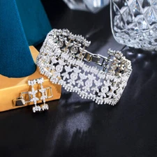 Shiny CZ Micro Paved Hollow Out Flower Leaf Wide Bracelet Silver Plated Wedding