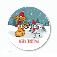 Merry Christmas Cute Cat and Owl Holiday Stickers Favors Envelope Seals