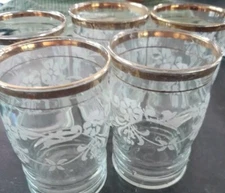 5 Gold Rimmed Bottom Ribbed White Floral 8 Oz Vintantage Juice Glasses