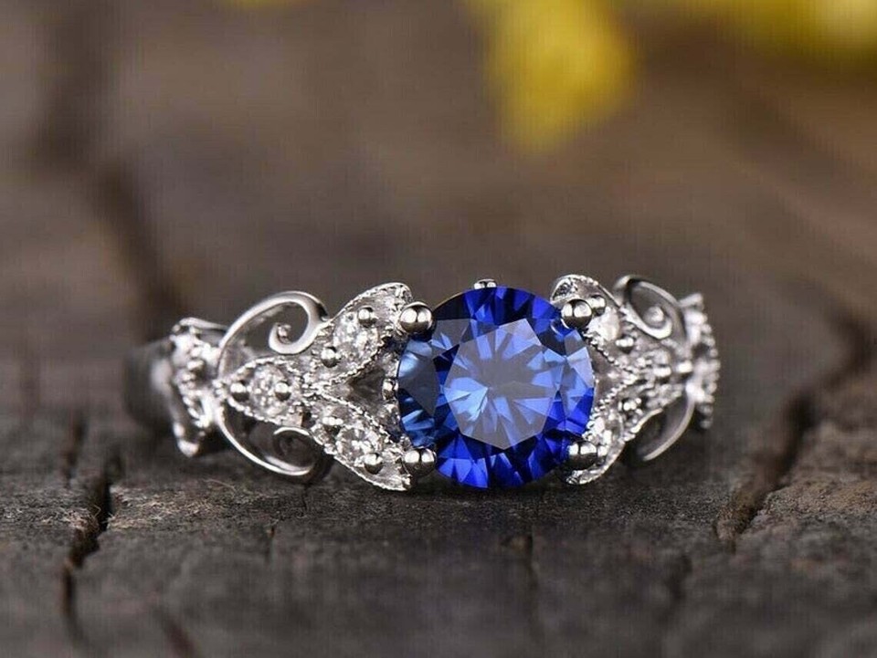 Vintage Blue Round Cut Cubic Zirconia Solitaire 925 Sterling Silver ...