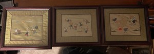 Antique Three Chinese Embroidery Silks Of Children Flying & Playing Kites Framed