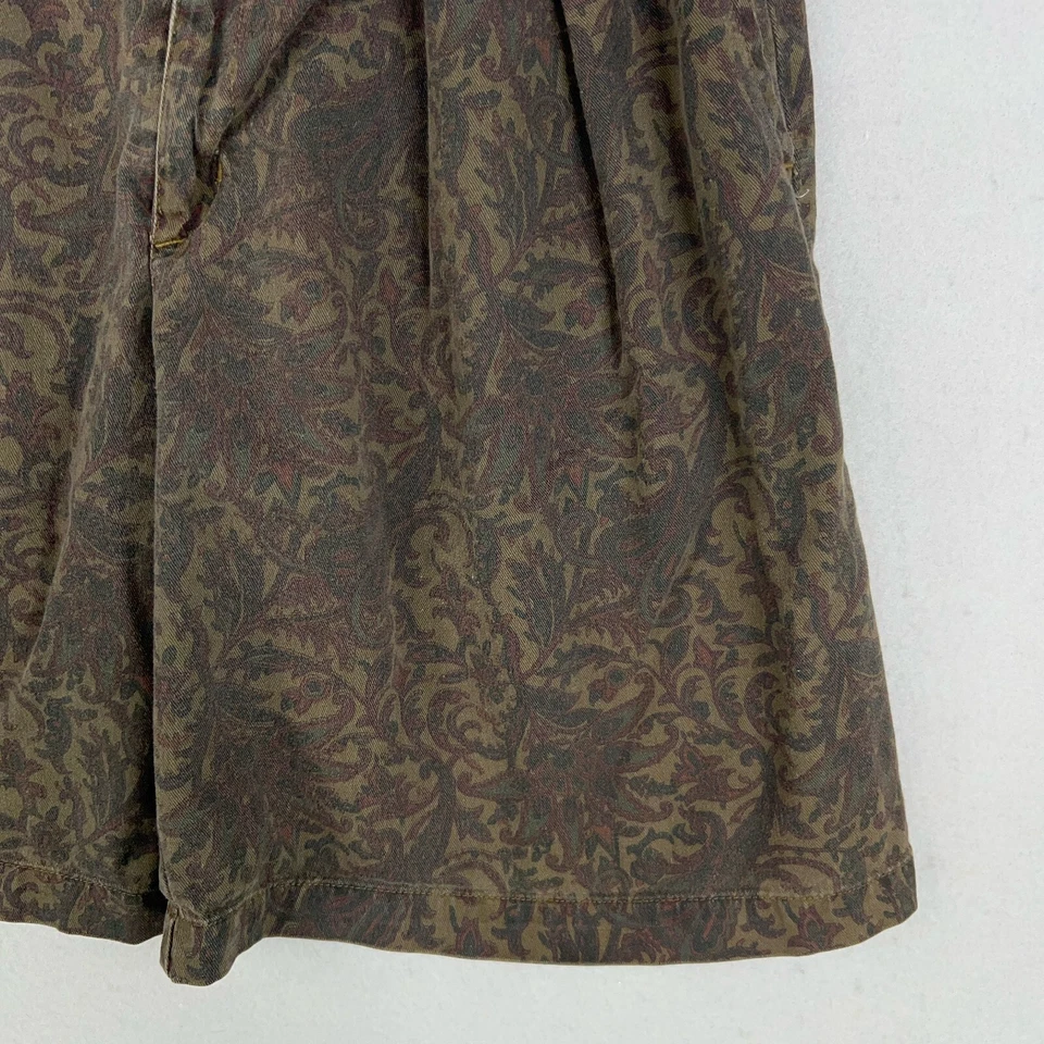 Vintage Skoozi Shorts Womens 13 Brown Olive Green Paisley Damask Pleated Grandma - Image 3 of 4