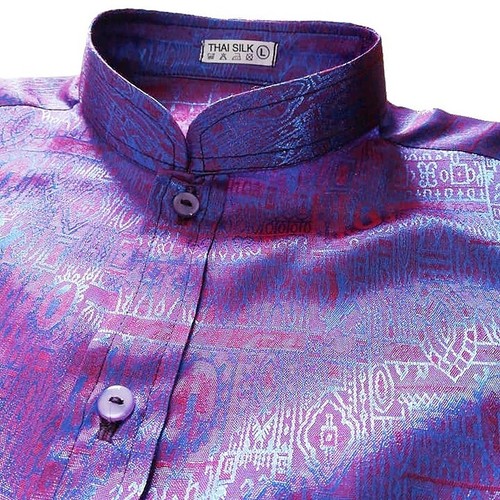 Mens Mandarin Collar Shirt Thai Silk Jacquard Purple Long / Short Sleeve S-3XL - Picture 7 of 11