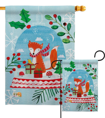 Snow Globe Fox Christmas Season Holiday Scarf Poinsettia Garden House Yard Flag