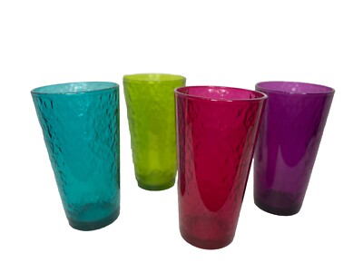 Pasabahce Glasses Water Tumblers, Jeweled Tone Colorful Textured Embossed Set 4