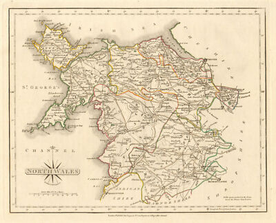 Antike Karte von NORDWALES von JOHN CARY. Original Umrissfarbe 1793 alt