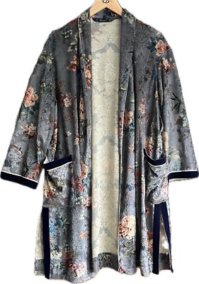 Zara Devore Velvet Kimono Jacket L UK 12 14 Silver Grey Blue Floral  Pockets UK