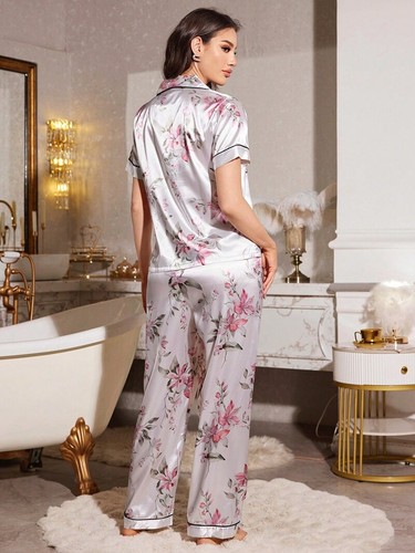 Women's Short Sleeve Silk Pajamas Set Print Satin Sleepwear Homewear Nightwear - Picture 207 of 251