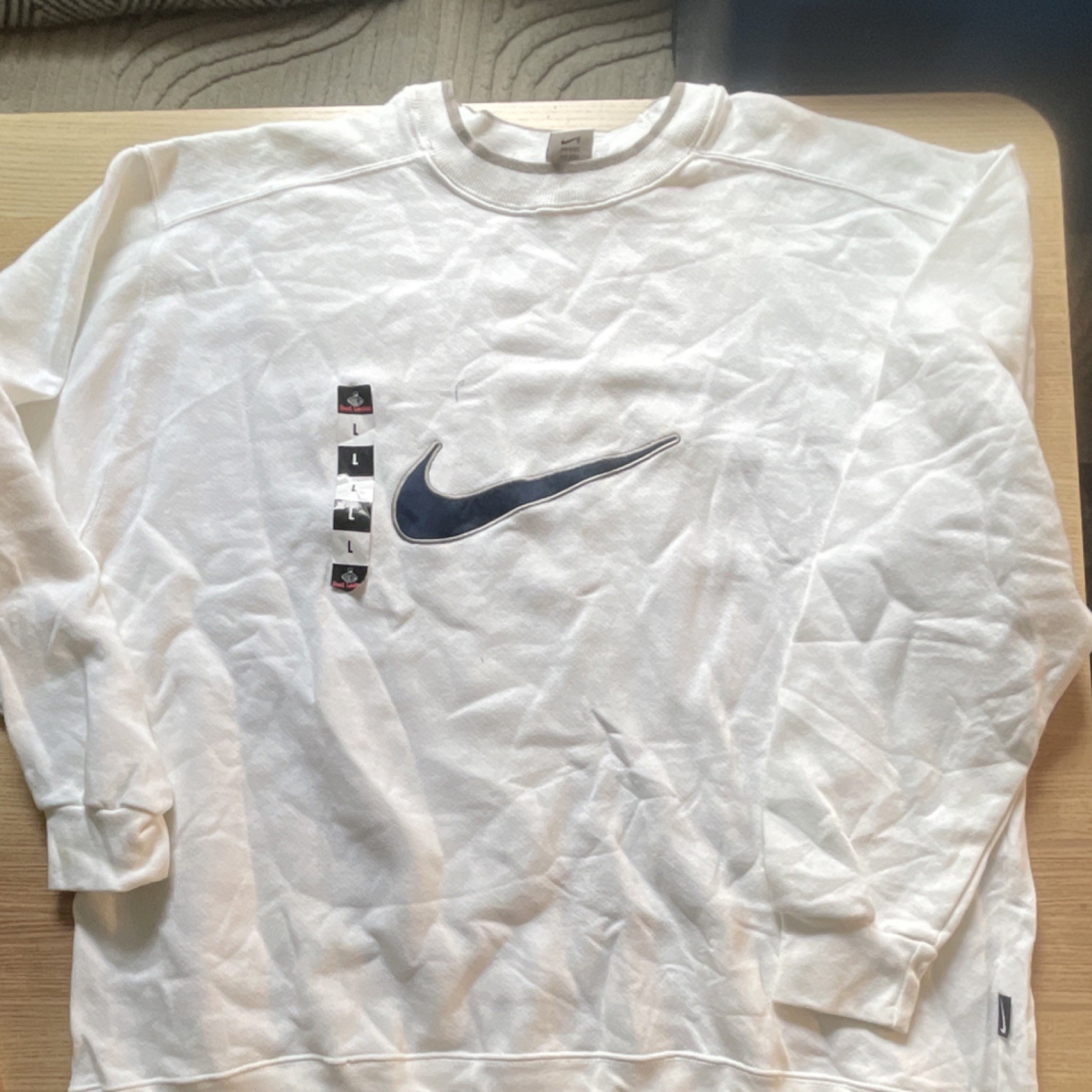 Nike White Solid Fleece Crewneck Pullover Sweatshirt Logo L Men’s