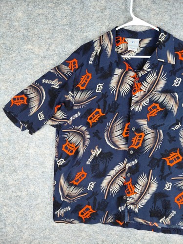 DETROIT TIGERS camicia hawaiana LOGO TIGRI CLASSICHE uomo L 23x29 blu colletto - Foto 2 di 17